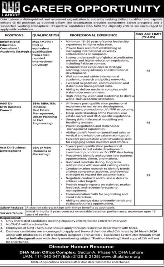 DHA Lahore Jobs 2026 Advertisement